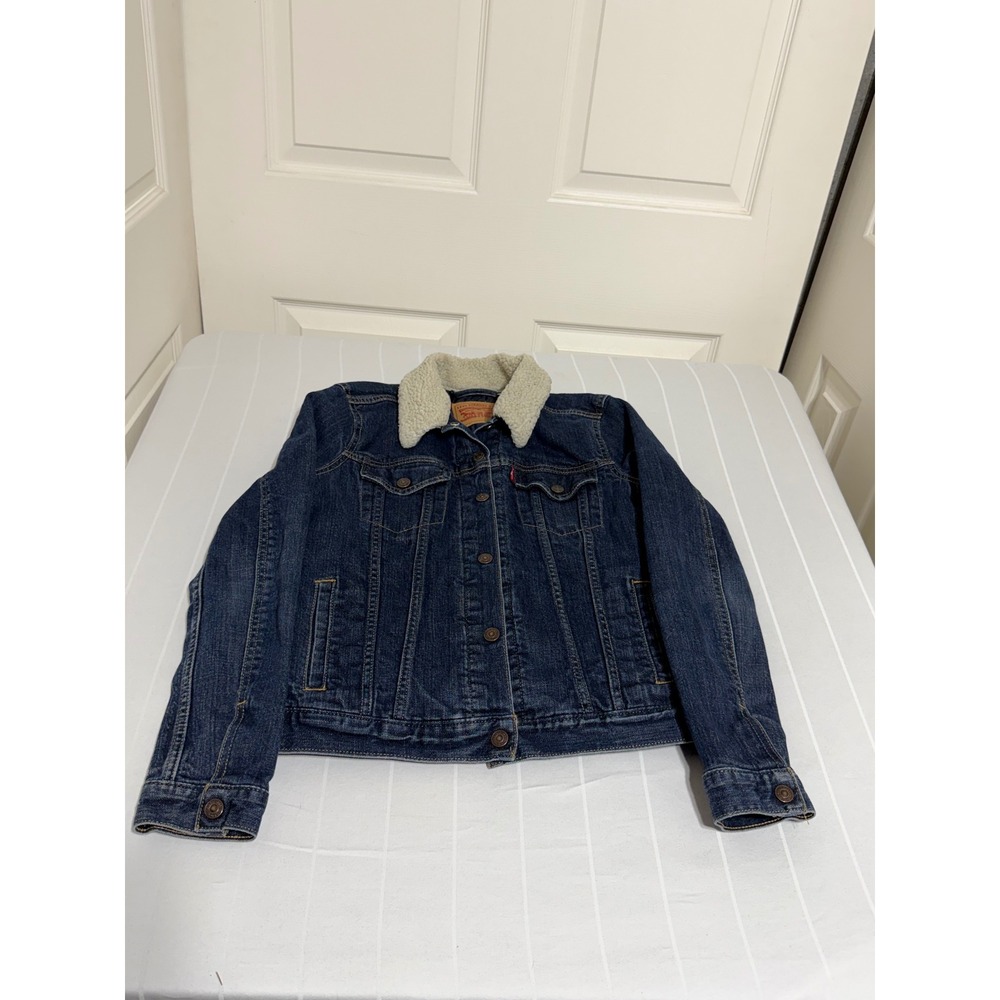 Levis Denim Trucker Jacket Small Dark Wash Faux Shearling Collar Quilted Lining